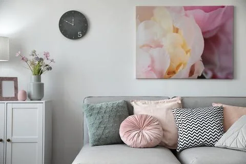 Elegant living room with comfortable sofa. Interior design Stock Photos