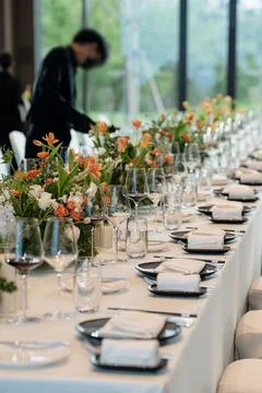 Elegant long dining table ready for a luxury event. Featuring refined place Stock Photos