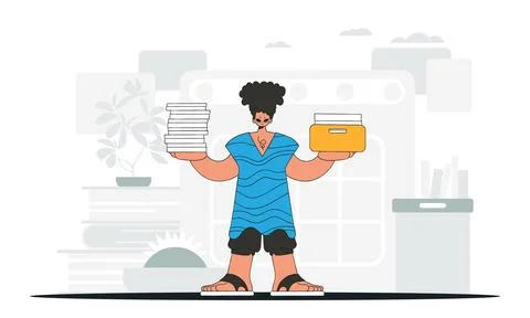 An elegant man holds stacks of documents in his hands. An illustration demo.. Stock Illustration