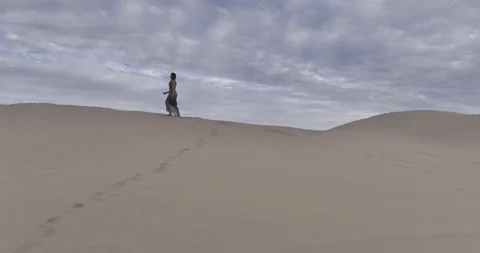 Elegant Model in Vast Sand Dunes — Aerial Desert Fashion Portrait Vídeos de archivo 343756866