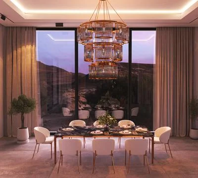 Elegant Modern Dining Room featuring a Scenic and Beautiful View at Dusk and Illustrazione stock