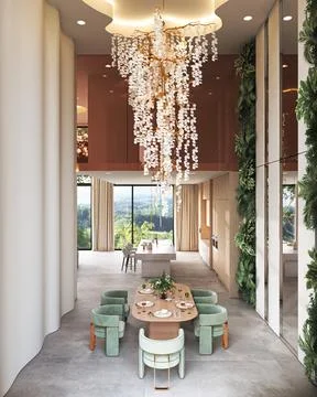 Elegant Modern Dining Space that Features a Luxurious Chandelier for Ultimate Stock-Illustration