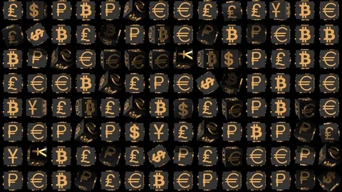 Elegant monetary background. rotating cubes. gold icons of world currencies Stock Footage 83547412