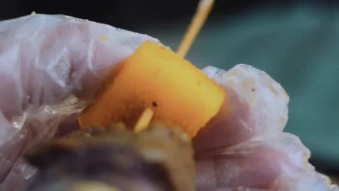 Elegant natural cooking: threading steak and pepper onto a wooden skewer Stock Footage 342181856