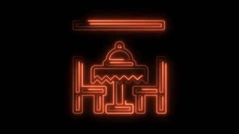 Elegant neon restaurant dining table and chairs glowing on a black background Stock Footage 322970712