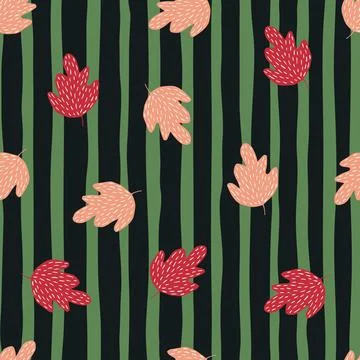 Elegant oak seamless pattern on stripe background. Scandinavian style foliage 스톡 일러스트