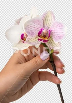 Elegant orchid flower held by hand on transparent background PSD-Vorlage