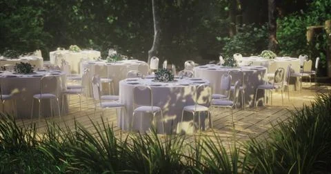 Elegant outdoor dining setup arranged for a special event in a lush garden Stock Illustration