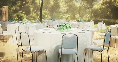 Elegant outdoor dining setup with decorated tables among greenery Stock Illustration