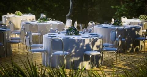 Elegant outdoor dining setup with round tables and floral centerpieces Stock Illustration