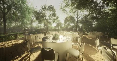 Elegant outdoor dining setup in a sunlit forest during a serene afternoon Illustrazione stock