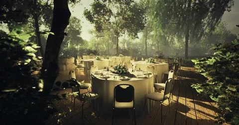 Elegant outdoor dining setup surrounded by lush greenery in a serene location Stock Illustration