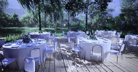 Elegant outdoor dining setup surrounded by lush greenery in the evening Stock Illustration