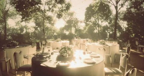 Elegant outdoor dining setup surrounded by greenery in bright sunlight Illustrazione stock