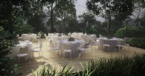 Elegant outdoor dining setup with tables in a garden during evening light Stock Illustration