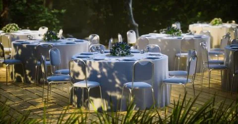 Elegant outdoor dining setup with white tables and floral centerpieces Stock Illustration
