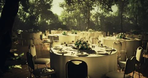 Elegant outdoor event setup in a lush garden with beautifully decorated table イラスト素材