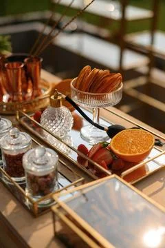 Elegant Outdoor Table Setting with Fruit and Spices Stock Photos