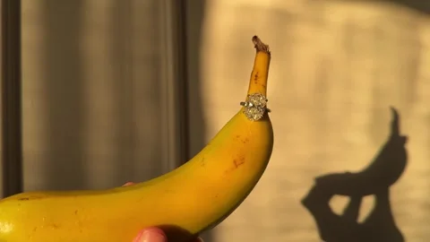 Elegant oval diamond ring displayed with banana in golden sunlight 스톡 동영상 314828964