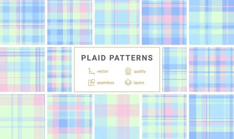 Elegant pastel plaid seamless pattern featuring soft blue, pink, and mint gre イラスト素材