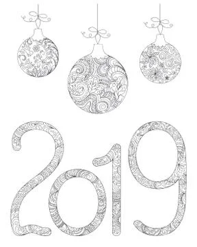 Elegant  patterned number 2019 with three balls Illustrazione stock