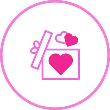 Elegant pink gift box vector icon with hearts inside a decorative circle fram Illustrazione stock
