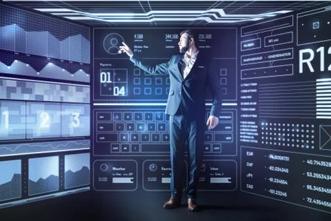 Elegant programmer touching the screen while changing personal information Stock-Fotos