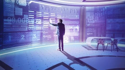 Elegant programmer touching screen while working with futuristic technologies Stock-Fotos