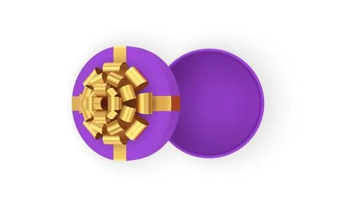 Elegant purple open empty gift box with luxury golden bow ribbon top view 3.. Stock Illustration