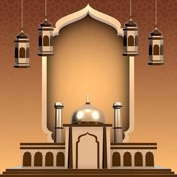 Elegant Ramadan Poster Background with 3D Mosque Illustration, Hanging Lant.. Stock Illustration