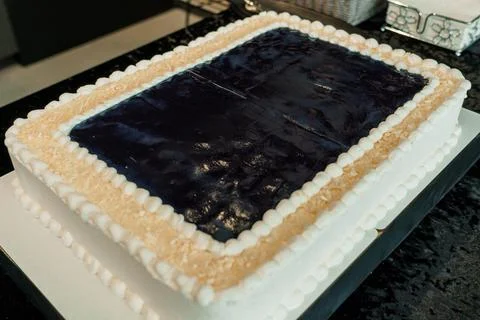 Elegant Rectangular Cake with Blue Icing and Coconut Flakes on Dark Counterto Stock Photos