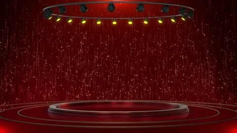 Elegant red stage podium circular platform and overhead spotlights glowing parti Stock Footage 341903652