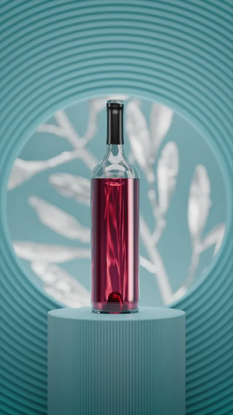 Elegant red wine bottle displayed on a pedestal against a circular backdrop Stock Footage 325790091