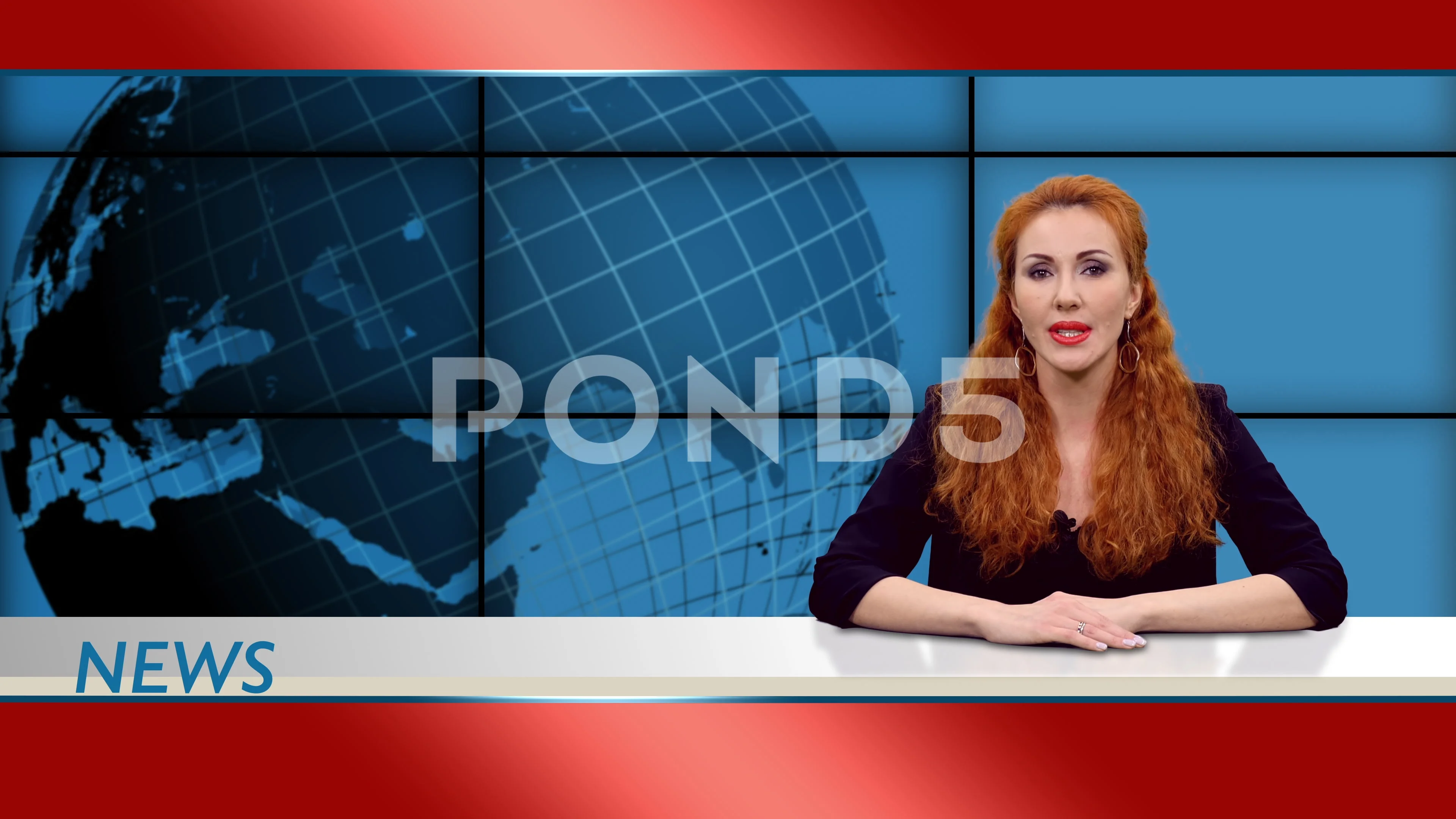 Elegant redhead female newscaster telling the breaking news in tv studio