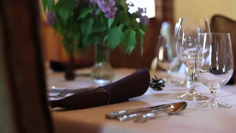 Elegant Restaurant Table Setting Tracking By Chairs Stock Footage 233457379