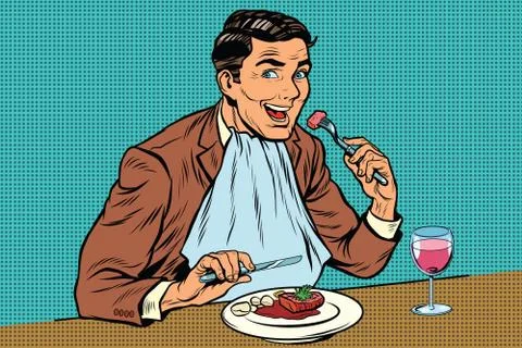 Elegant retro man eats in the restaurant and drinking wine Stock Illustration