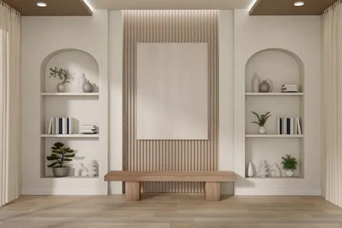 Elegant room with white frame on wall between recessed arch shelves over wo.. Stock Illustration