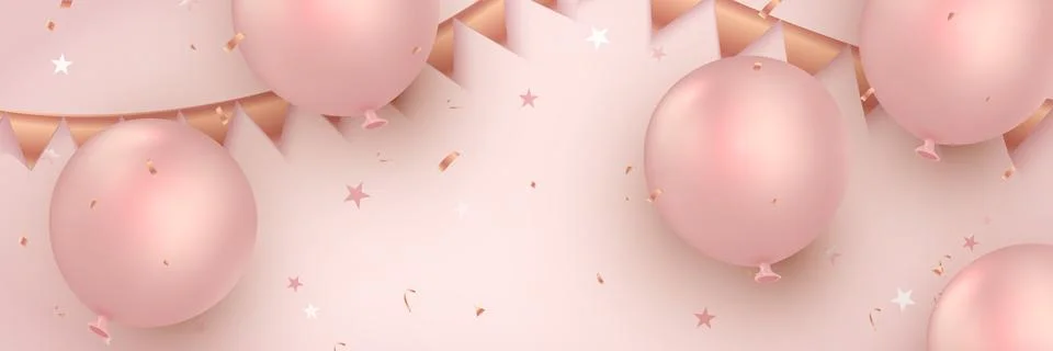Elegant rose pink golden ballon and ribbon decoration Happy Birthday celebrat Stock Illustration