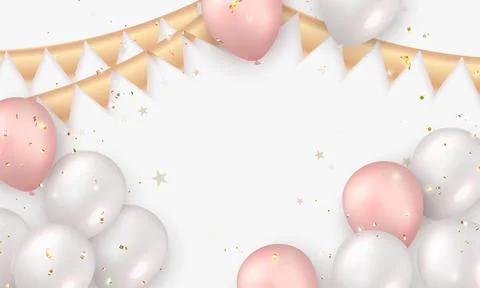 Elegant rose pink white silver ballon and golden ribbon Happy Birthday celebr Stock Illustration