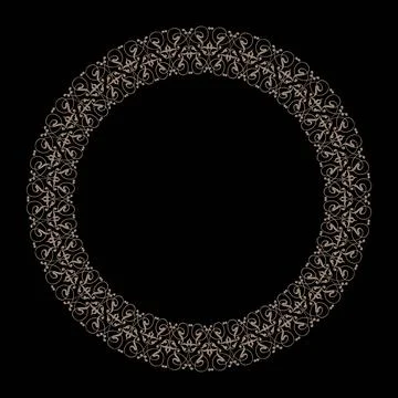  Elegant Round gold pattern frame with arabesques and floral elements on a black Illustrazione stock