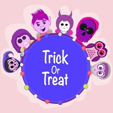 Elegant rounded label or Trick Or Treat text sticker with scary ghost faces.. Stock Illustration