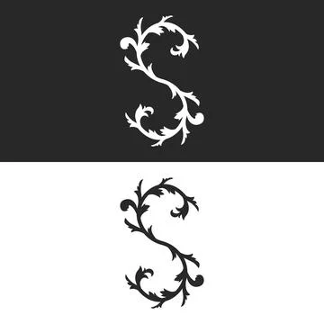 Elegant S shaped letter monogram logo white and black design with botanical.. Stockillustratie