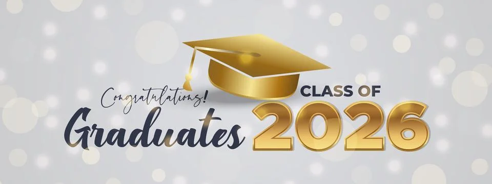 Elegant Script Class of 2026 Graduation Banner with Gold Cap Illustration Illustrazione stock