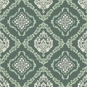 Elegant seamless damask pattern in muted sage green and off-white Stock Illustration