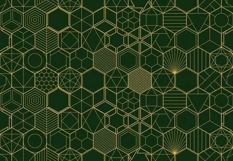 Elegant seamless geometric pattern featuring intricate gold line art hexagons Stock Illustration