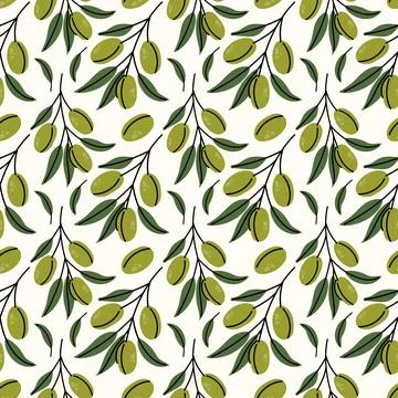 Elegant Seamless Olive Branch Pattern with Green Leaves and Olives Stock Illustration