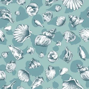 Elegant seamless pattern with assorted seashells in white over turquoise Illustrazione stock