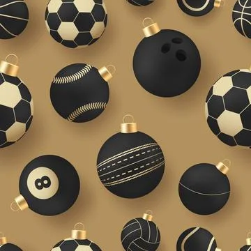 Elegant seamless pattern of black and gold sport ball Christmas ornaments c.. Stock Illustration