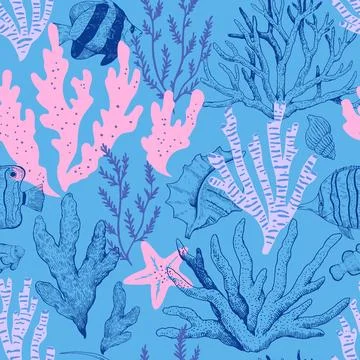 Elegant seamless pattern with corals, seaweeds and underwater creatures, se.. Stock Illustration