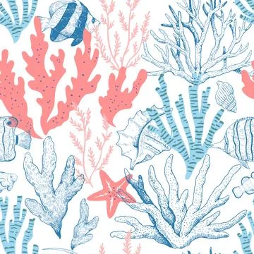 Elegant seamless pattern with corals, seaweeds and underwater creatures, se.. Illustrazione stock
